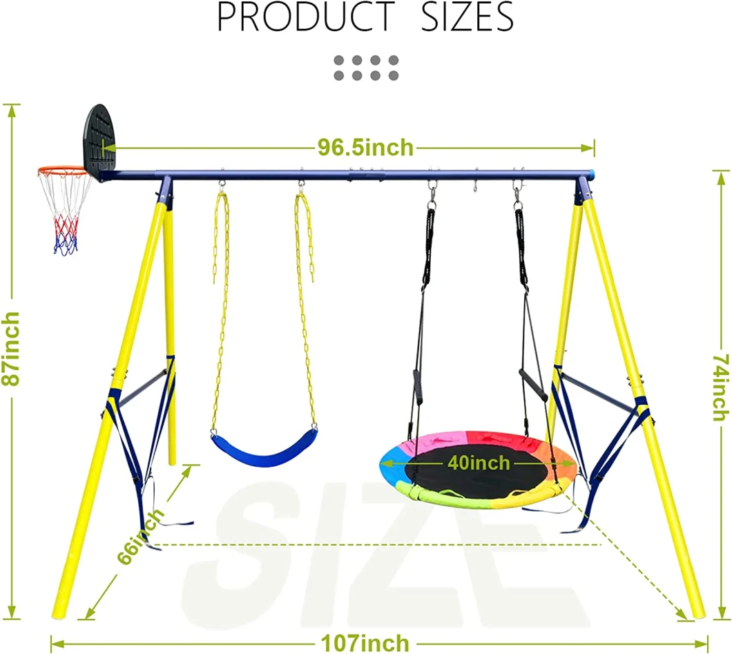 2023 Outdoor Metal Swing Set 3 Play Station with Basketball Hoop, 550 Lbs Function Kids Swing Saucer